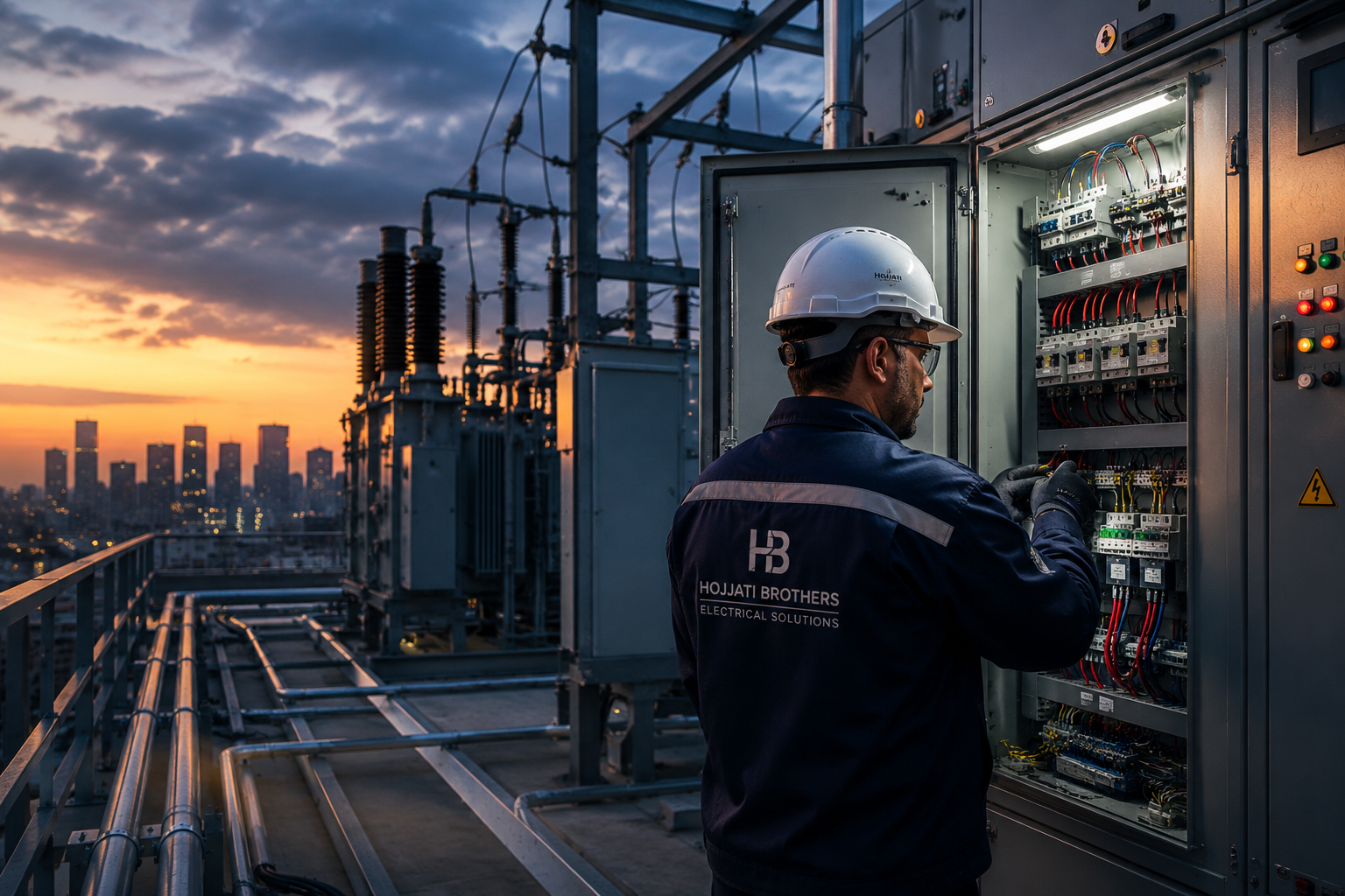 Electrical technician working on industrial electrical equipment